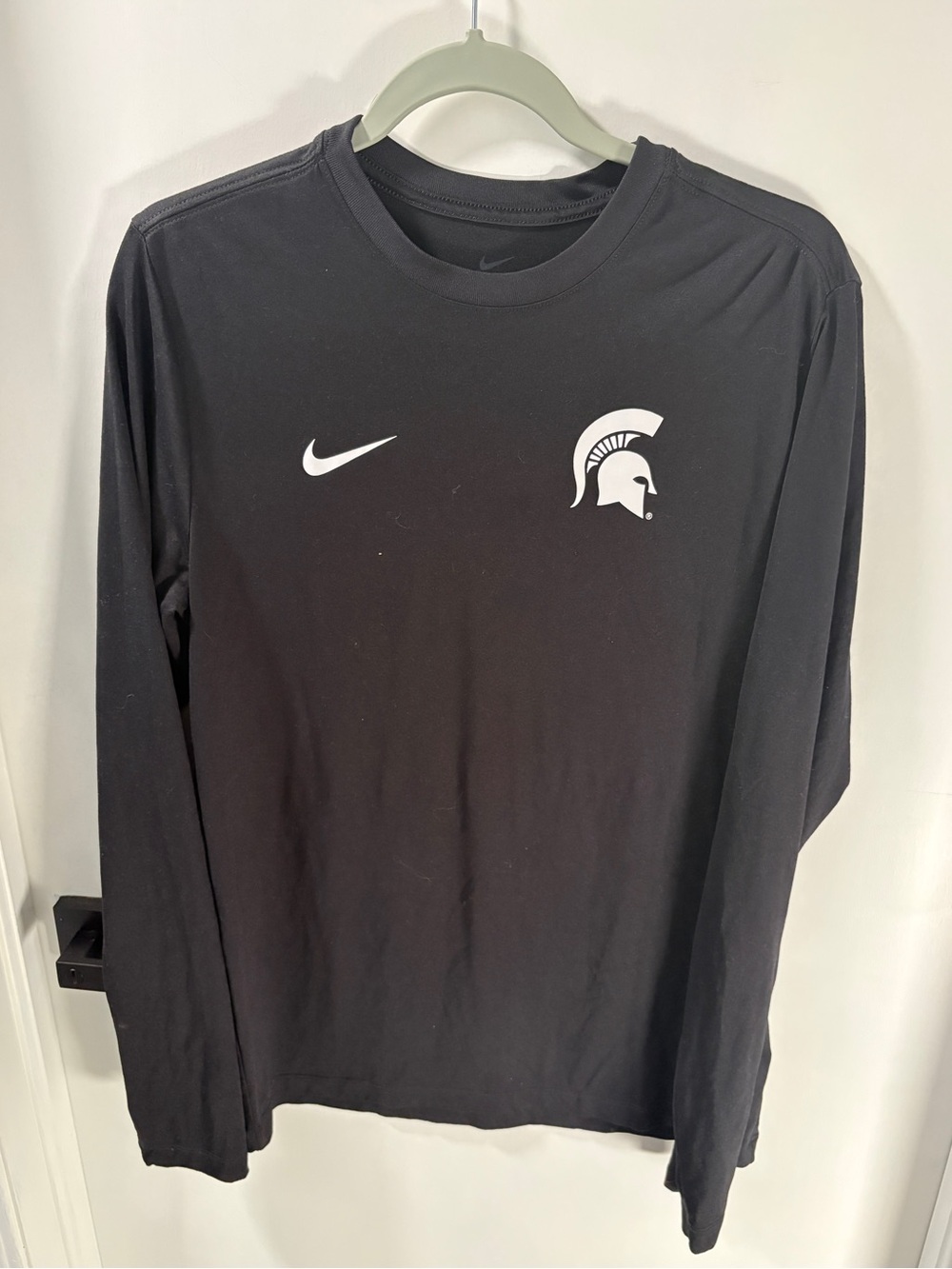 Nike Black Long-Sleeve Crew Shirt with White Nike Swoosh and Spartan Logo